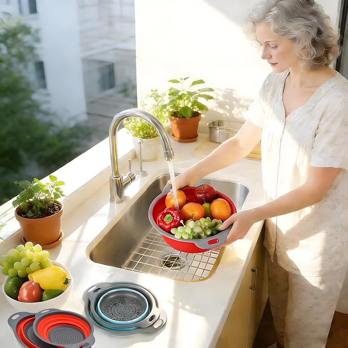 UVB Collapsible Colander Set, Foldable Kitchen Strainer for Pasta, Vegetables & Fruit, Complete Kitchen Set with 2 Stainless Steel Hooks & 2 Silicone Funnels – Red
