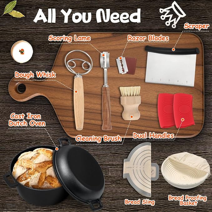 5 Qt Cast Iron Dutch Oven for Sourdough Bread Baking, Sourdough Dutch Oven | 2-in-1 lid doubles as a skillet; complete baking tools included for bread, stewing, searing, frying and outdoor cooking