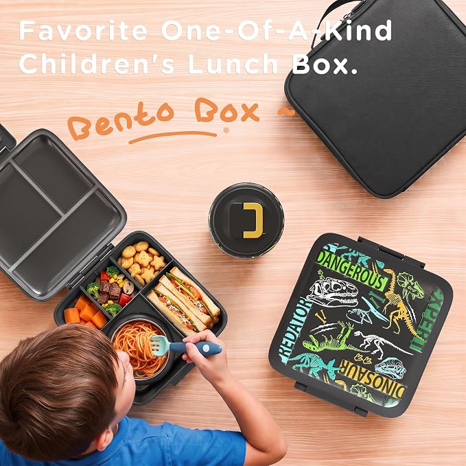 JXXM Bento Lunch Box for Kids With 8oz Soup thermo,Leak-proof Lunch Containers with 5 Compartment,thermo Food Jar and Lunch Bag, Food Containers for School (A-Black(Dinosaur Fossil))