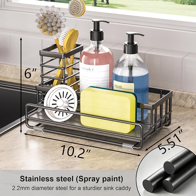 Large Family-Sized Sponge Holder for Kitchen Sink Organizer (Black) | Sink Caddy with Instant Drying Stone, Stainless Steel Sponge Holder for Sponges, Scrubbers, Soap, Home Countertop Organizer