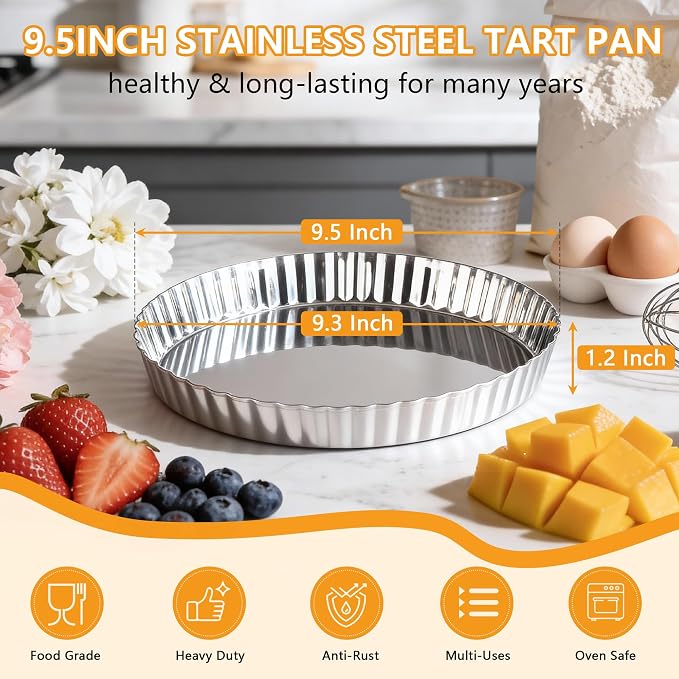 TeamFar Tart Pan, 9.5 Inch Stainless Steel Round Tart Pie Pan, 2PCS | Metal Quiche Baking Dish with Fluted Side, for Baking Fruit Tarts Quiches Pies Mousse Cakes, Heavy Duty & Dishwasher Safe