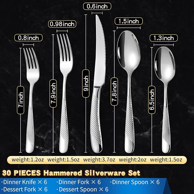 Hammered 30 Pieces Set Silverware Set for 6 with Serrated Forging Knives,18/10 Stainless Steel Modern Flatware Set,Unique Cutlery Set,Mirror Polished,Dishwasher Safe