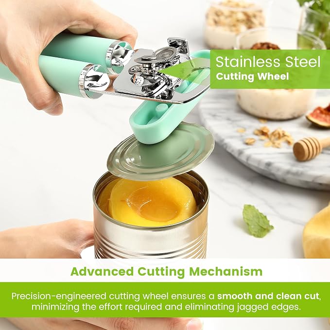 Spring Chef Stainless Steel Manual Can Opener with Soft Grip Handles, Mint | Heavy Duty Hand Can Opener for Seniors with Smooth Edge, Easy Turn, 3in1 Can Opener with Magnetic Lid Remover & Bottle Opener
