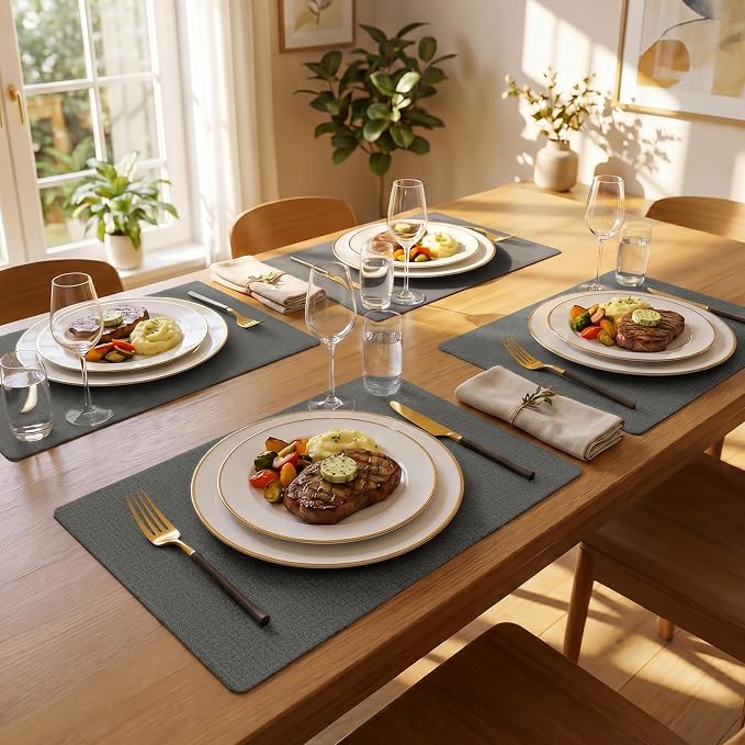 Romanstile Vinyl Placemats Set of 4-12 X 17 Inch - Faux Leather 100% Waterproof Wipeable Anti Slip Place Mats, Heat Resistant Reversible PU Table Mats for Kitchen Dining Party Outdoor, Dark Grey