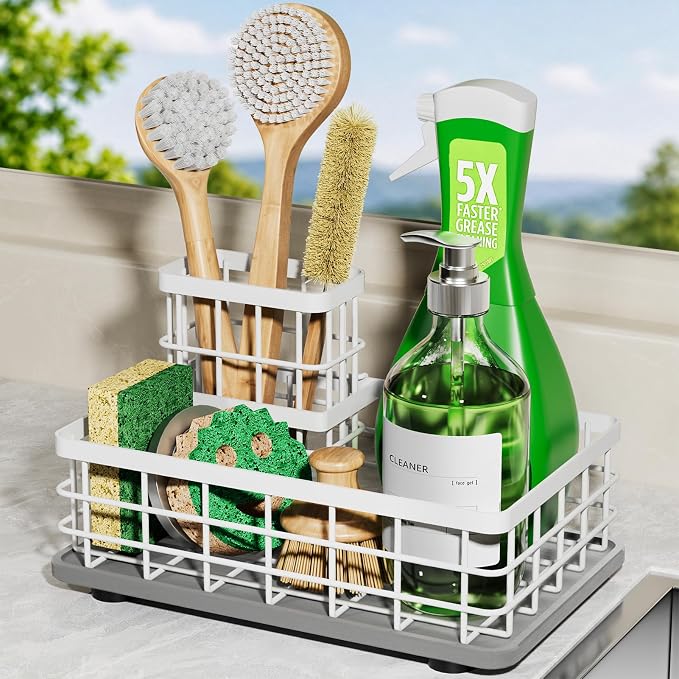 Kitchen Sink Caddy Organizer with Sponge & Brush Holder, Stone Drying Mat | Extra-Large Kitchen Countertop Organizer, Stainless Steel Kitchen Sink Accessories with Quick-Dry Soap Tray for Fewer Stains