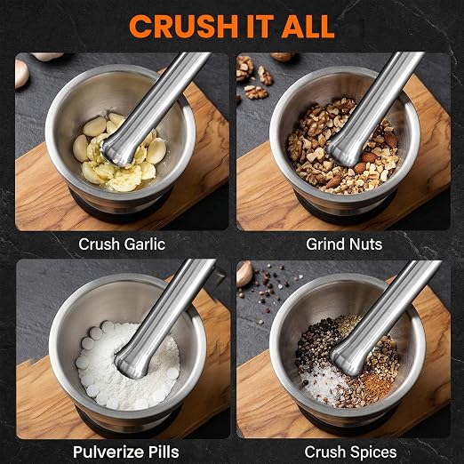 304 Stainless Steel Mortar and Pestle Set with Anti-Slip Silicone Pad | Keeps the bowl steady, Weighty pestle crushes spices, herbs and pills with less effort, Included Cleaning Brush and Lid