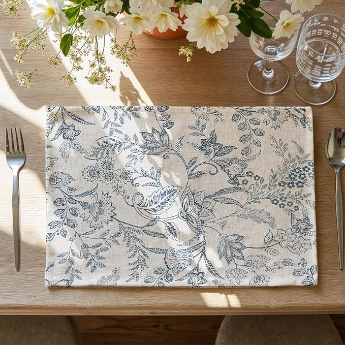 JINCHAN Linen Floral Placemats Set of 4 Farmhouse 13x19 Inch Blue | Fabric Placemats, Cottage Style, Vintage Botanical Pattern, Machine Washable, Easy to Store, Reusable