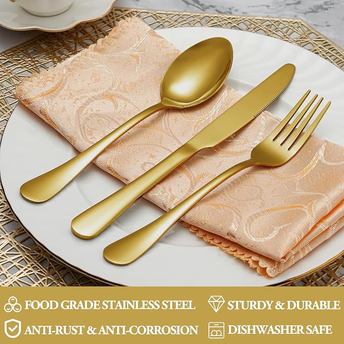 30 Pcs Gold Silverware Set Service for 6, Premium Stainless Steel Flatware Set, Cutlery Utensil Set, Durable Home Kitchen Eating Tableware Set, Include Fork Knife Spoon Set, Dishwasher Safe
