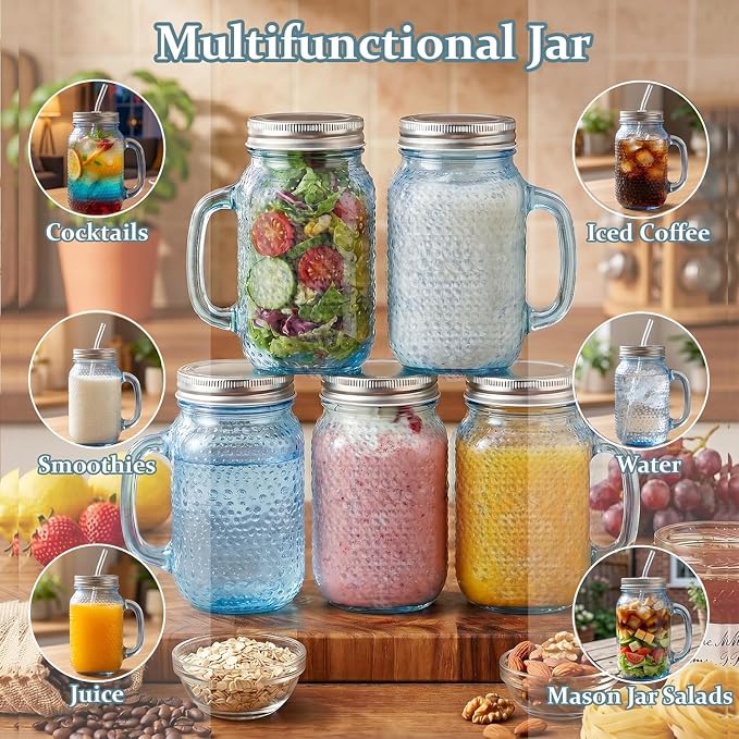 DaYammi 6 Pack 24oz Hobnail Mason Jars Cups Drinking Glass Cups with Lids & Straws, Blue Wide Mouth Mason Jars Cups with Handle, Tumblers for Coffee Smoothies, Iced Tea, Juice, Beer, Cocktail, Whiskey