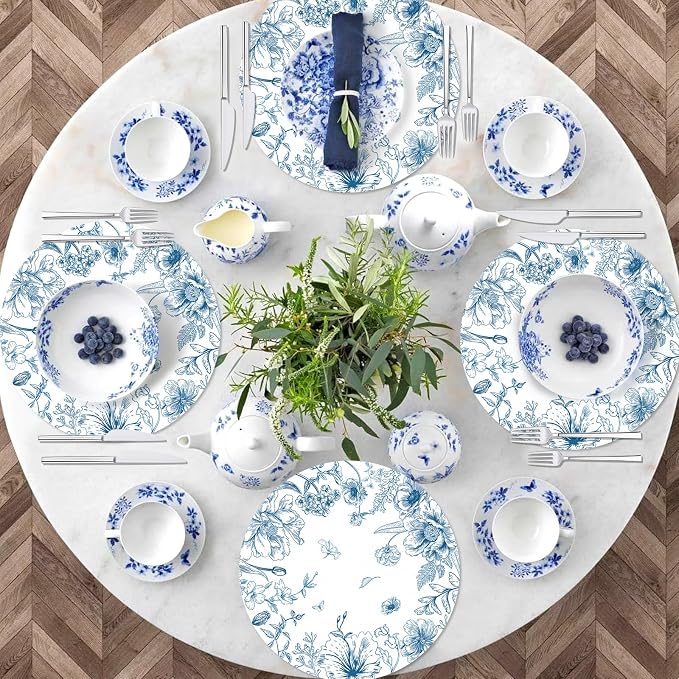 50 Pack Paper Placemats Disposable Blue and White Placemats 13.7 Inch Vintage Blue Floral Place Mats Decorative Chinoiserie Round Table Mats for Dinner Table Setting Birthday Wedding Party Supplies