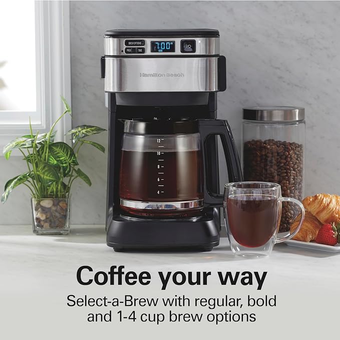 Hamilton Beach FrontFill 12 Cup Programmable Drip Coffee Maker | Regular & Bold Brew Options | Auto Pause and Pour | Glass Carafe | Black with Stainless Accents | 46310