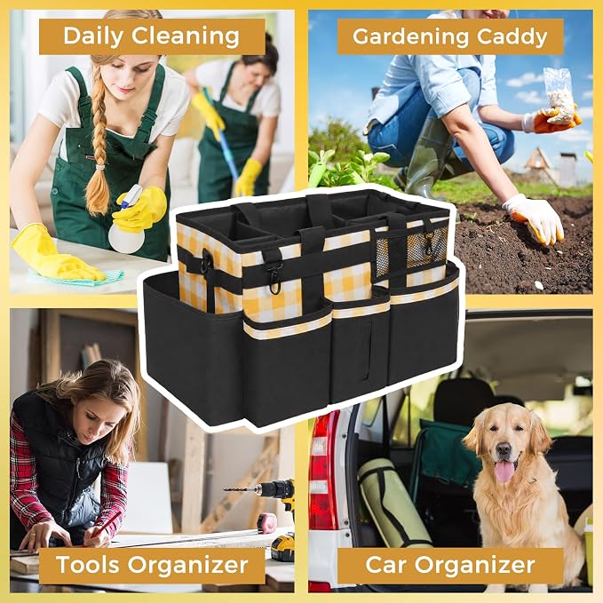 SCAVATA Wearable Cleaning Caddy, Cleaning Caddy Supplies Organizer with Handle & Shoulder Straps for Housekeepers, Under Sink & Car Cleaning Tool Organizers Bag with 4 Foldable Divider (YellowPlaid)