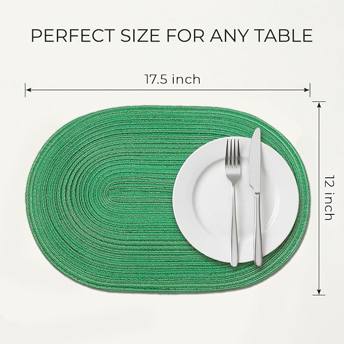 Placemats Set of 6, Woven Oval Braided Dining Table Mats(Green Shine) | 12 x 17.5 Inch Size Fits Plates and Flatware; Hand Washable and Heat Resistant for Kitchen Use, with Farmhouse and Boho Style