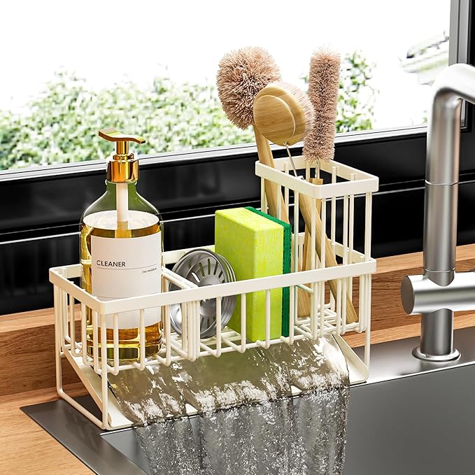 Cisily Off White Sponge Holder for Kitchen Sink, Sink Caddy Organizer with High Brush Holder, Kitchen Countertop Rustproof 304 Stainless Steel, Soap Dispenser Kitchen Organizers and Storage Essentials