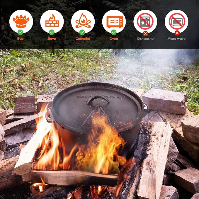LIFERUN 6.2 Quart Cast Iron Dutch Oven Pot with Lid | Dutch Oven with Stand & Spiral-shaped Handle, Cast Iron Pot without Feet for Outdoor & Indoor