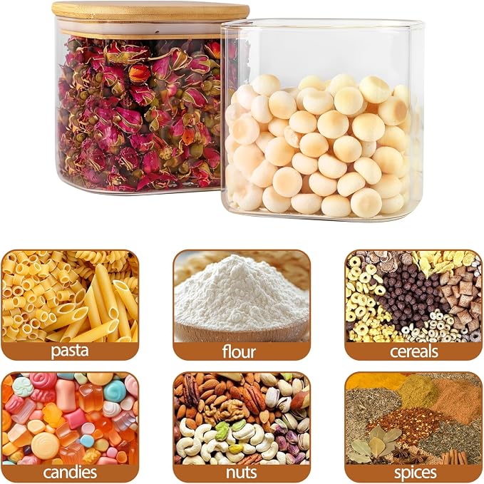 6pcs Glass Food Storage Containers with Bamboo Lids, 0.6qt Glass Jars | Square Airtight Pantry Storage Jars for Flour, Sugar, Dry Goods