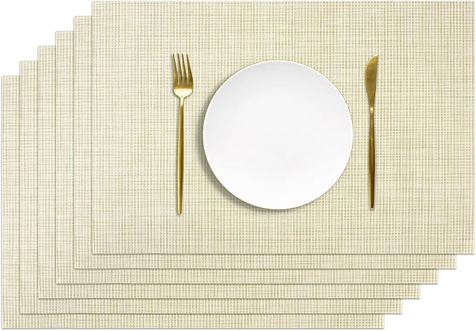 AUAUY Placemats Set of 6, Non-Slip Heat Resistant Table Mats, Beige | 6pcs PVC Vinyl Woven Table Placemats Washable for Kitchen Dinning Restaurant, Farmhouse