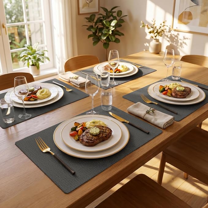 Romanstile Vinyl Placemats Set of 8-12 X 17 Inch - Faux Leather 100% Waterproof Wipeable Anti Slip Place Mats, Heat Resistant Reversible PU Table Mats for Kitchen Dining Party Outdoor, Charcoal