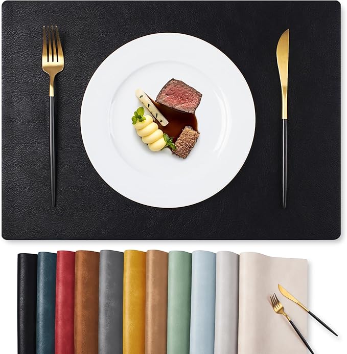 MOSAYT Vinyl Placemats Set of 8-12 X 17 Inch - Faux Leather 100% Waterproof Oil-Proof Wipeable PU Place Mats, Heat Resistant Reversible Table Mats for Kitchen, Dining, Outdoor, Black