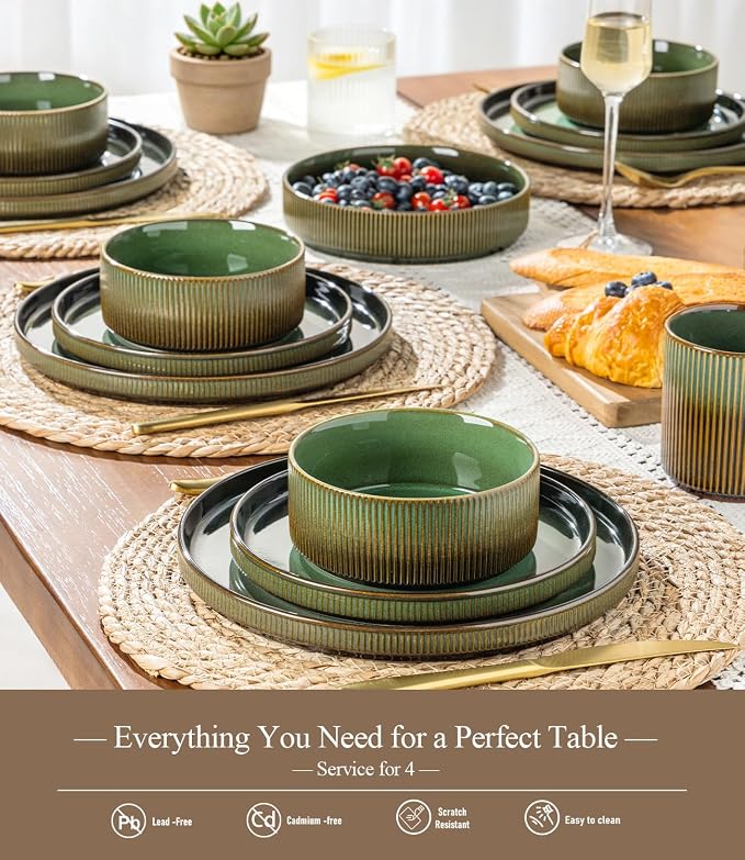 GBHOME Stoneware Dinnerware Sets for 4, 12-Piece Plates and Bowls Set | Handmade Reactive Glaze Ceramic Dish Set, Scratch Resistant, Dishwasher&Microwave Safe,Mocha & Green