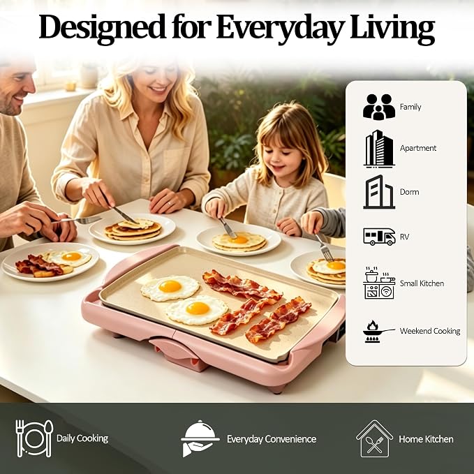 20" Pink Electric Griddle & Skillet with Ceramic Non-Stick Surface, 1400W Family-Sized Extra Large Baking Pan, Adjustable Temperature & Slide-Out Drip Tray