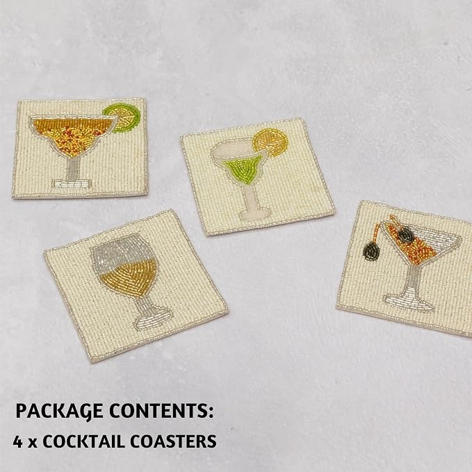 Folkulture Coasters Set of 4 for Drink, Coffee Bar Accessories, Table Décor | Cute, Beaded, Hand Crafted, Cocktail, Boho Coaster for Home, Party Decorations, Outdoor, Patio, House Warming Gifts New Home