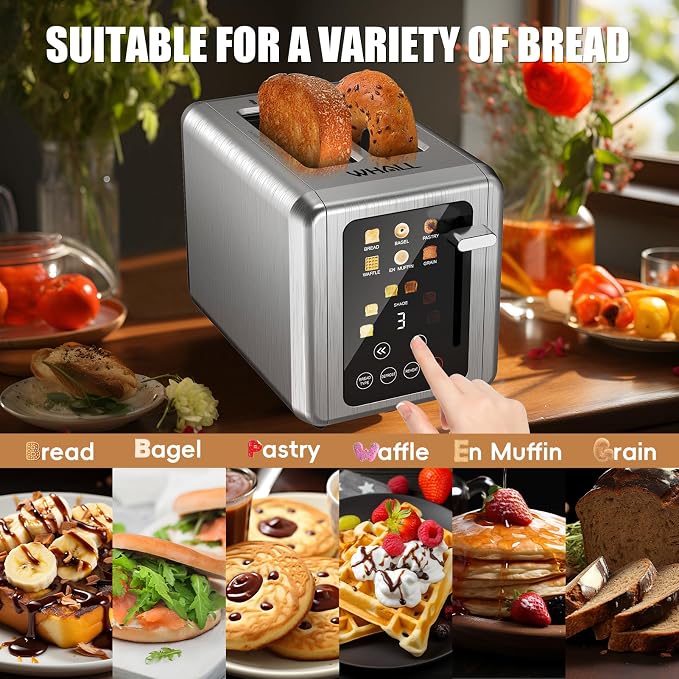 WHALL Touch Screen Toaster 2 Slice,Smart Digital Toaster with 1.5" Wide Slots,6 Shade Settings & 6 Bread Types,Memory Function,Countdown Timer,Brushed Stainless,Ideal Kitchen Gift & Essential