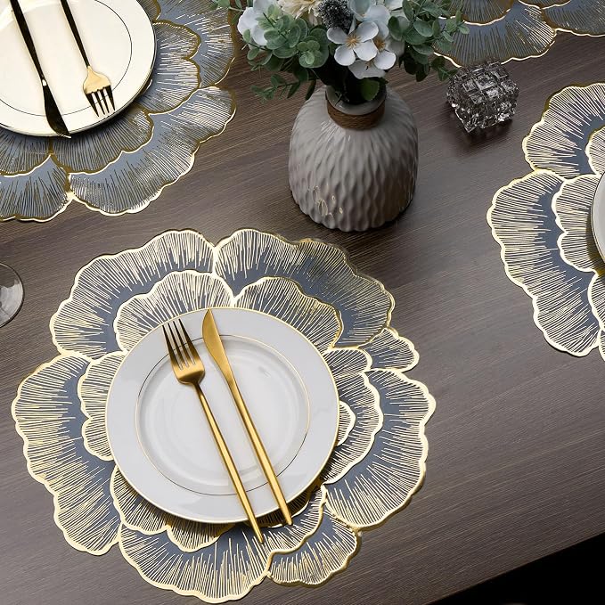 Gold Flower Placemats Set of 6 Pressed Vinyl Table Mats for Dining Table | Round Blue Centerpiece Decor Washable Waterproof Non Slip 15 Inch For Wedding Birthday Party Restaurant