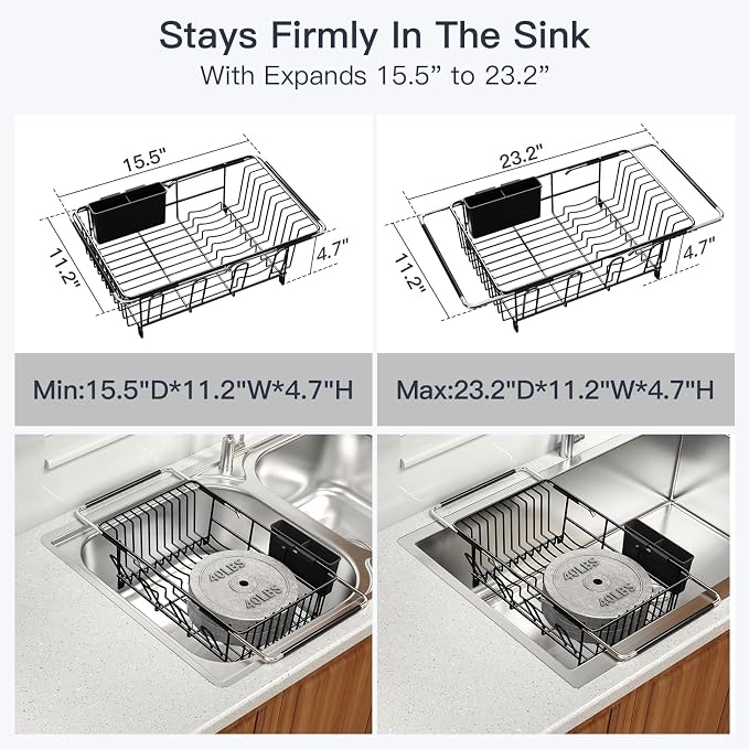Dish Drying Rack Over The Sink with Utensil Holder | Expandable Stainless Steel Dish Drainer for Small Kitchen, Apartment, RV, Counter Space Saving, Perfect Fit, Rustproof