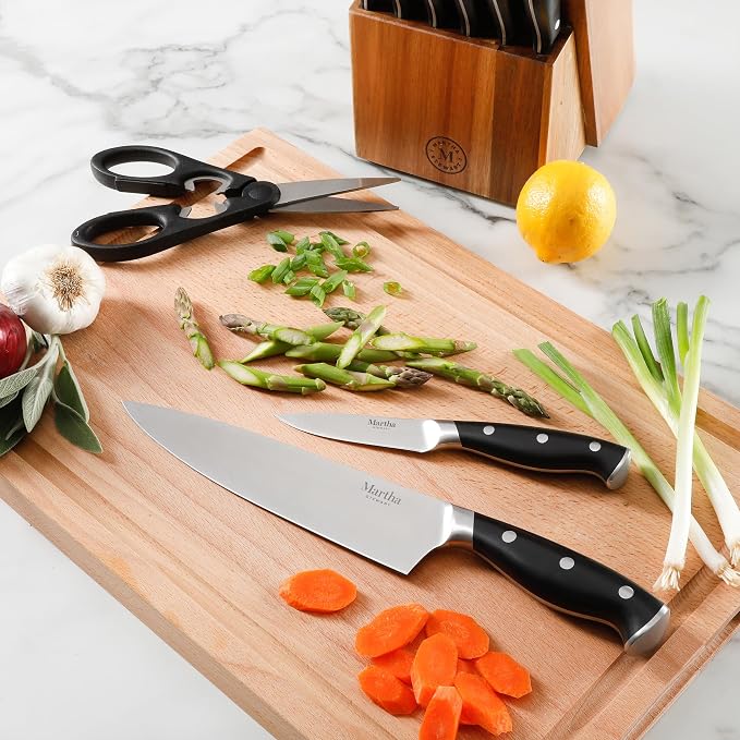 Martha Stewart Greeley Forged High Carbon Stainless Steel 14 Piece Knife Block Set, Black Kitchen Knife Set with Acacia Wood Block, Chef Knife, Bread Knife, Steak Knives