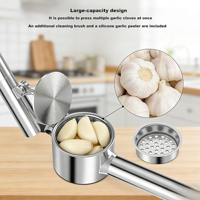 304 Stainless Steel Garlic Press Set Peeler & Brush | Labor-saving handle, removable liner, rustproof and dishwasher safe