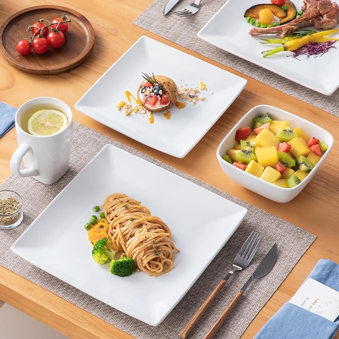 vancasso Soho Dinnerware Sets 24 Pieces, White Stoneware Square Place Setting, Dinner Plate, Dessert Plate, Cups and Plates Sets for Kitchen, Dish Set for 6, White