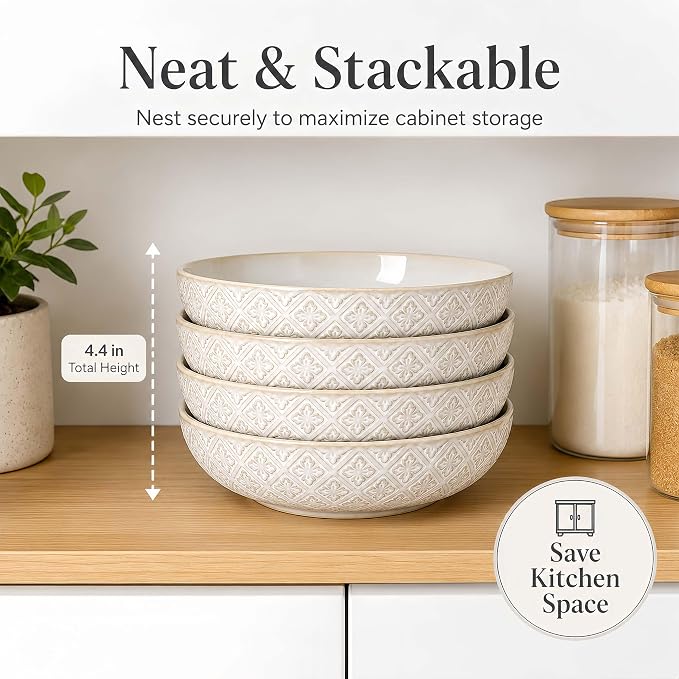 22 Oz Pasta Bowls Set of 4, Ceramic Soup Bowls, 8 inch Large Serving Bowl, Porcelain Kitchen Embossed Dish for Salad, Fruit, Rice, Desserts, Housewarming Wedding Gifts, Dishwasher Safe