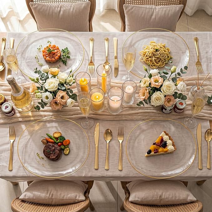 6-Pack Clear and Gold Plastic Serving Trays - 10x12 Inch Heavy Duty Oval Disposable Serving Platters for Cookie/Appetizer/Snack Party Food Display - Clear Gold Serving Trays for Party/Wedding/BBQ
