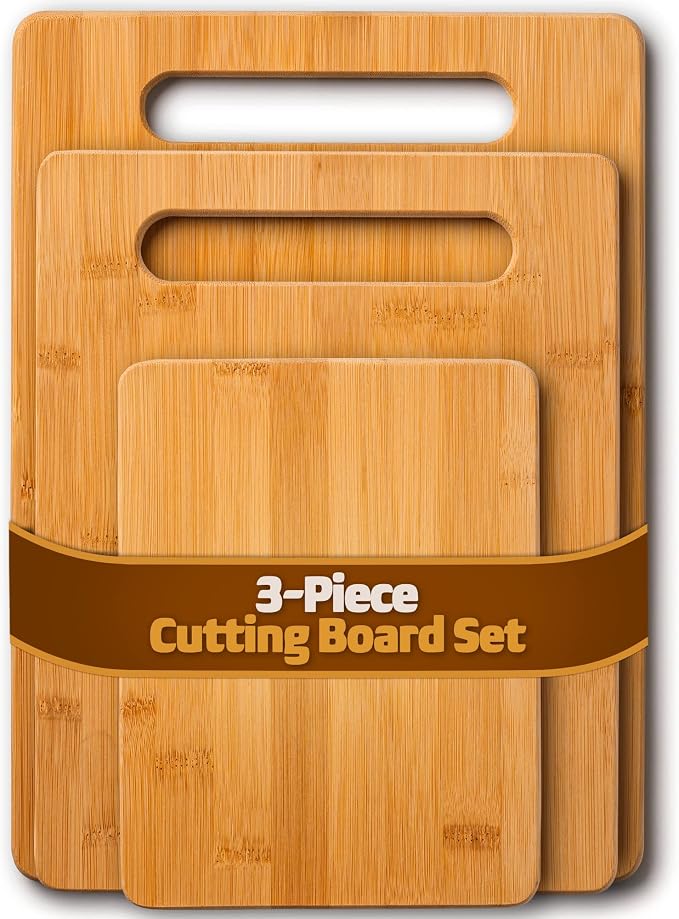 Bamboo Cutting Boards for Kitchen - Set of 3 Reversible Wood Cutting Boards with Handle, Large Medium Small Chopping Boards for Meat Vegetables Fruit Cheese Bread, Knife Friendly, 13x9.5 11x8.5 8x6