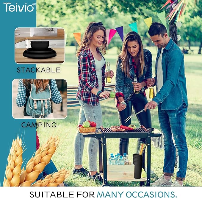 Teivio 32-piece Plastic Wheat Straw Square Dinnerware Set for 8, Unbreakable Dinner Plates, Salad Plates, Snack Bowls, Tumblers, Dishwasher Safe, Outdoor Kitchen Dinning RV Essentials Dish, Black