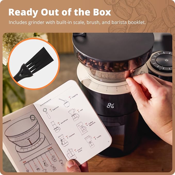 Greater Goods Coffee Grinder with Built-in Dosing Scale - Conical Burr Grinder with 8 Grind Settings, UV-Tinted 200g Hopper, for Espresso, Pour Over, French Press & Cold Brew, Onyx Black