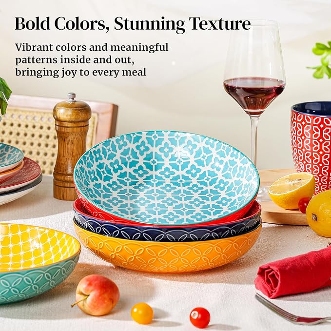 DOWAN 8.5" Vibrant Pasta, Salad & Soup Serving Bowls Set of 4, Embossed Large Porcelain Ceramic, Microwave, Oven & Dishwasher Safe, Bonita Design Perfect for Daily Dining, Family Gatherings, Party