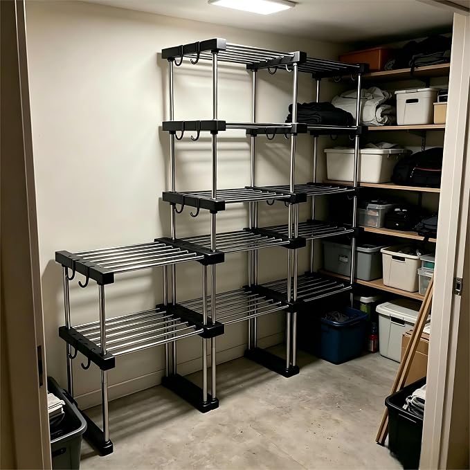 BLULEE Expandable Under Sink Organizer, 2-Tier Adjustable Storage Shelf | Heavy-Duty Stainless Steel Cabinet Rack for Kitchen Pantry & Bathroom Vanity, Stackable Organization System