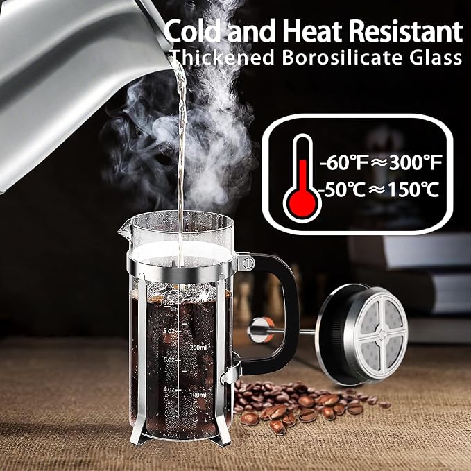 YMMIND French Press Coffee Maker 304 Stainless Steel Coffee Press,with 4 Filters System, Heat Resistant Thickness Borosilicate French Press Glass, BPA-Free Brewed Tea Pot Coffee Plunger(Copper 12oz)