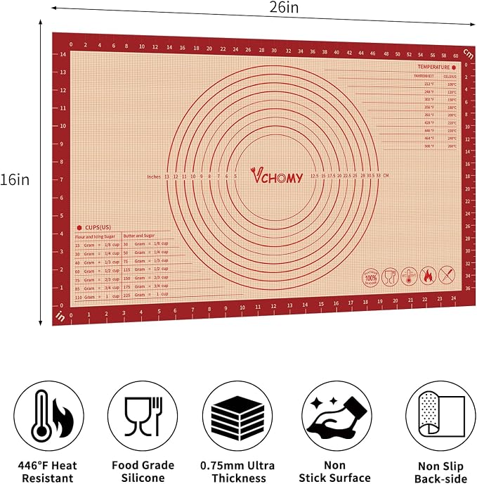 Extra Large Silicone Pastry Mat for Counter Rolling Dough,26x16 Inch,0.75mm Thick,Non Slip Silicone Baking Mat with Measurement(26 x 16 In,Red)