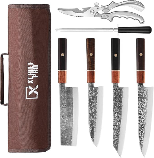 Japanese Knife Set with Bag, Hand Forged High Carbon Steel Chef Knives | Chef Cooking Knife Set: Kiritsuke, Gyuto, Santoku and Nakiri Knives, Plus Shears and HJoning Steel for Kitchen and BBQ