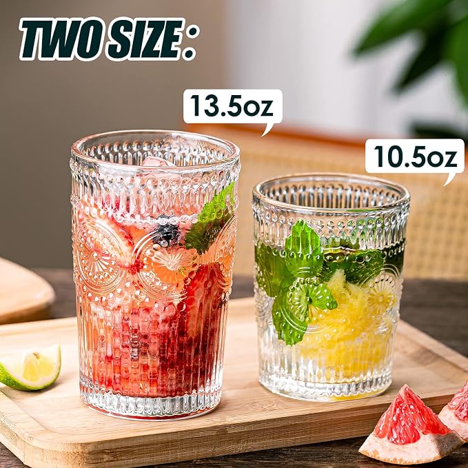 Vintage Drinking Glasses Set of 12, Textured Clear Striped Glass Cups-6 Highball Glasses 13oz & 6 Rocks Glasses 10oz, Ribbed Glassware Set, Mojito Cups, Cocktail Glass, Iced Coffee Cup
