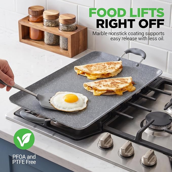 NutriChef Double Burner Griddle | Flat Top Griddle for Stove Top | Nonstick marble-coated griddle pan with extra-large easy to clean cooking surface, perfect for pancakes and tortillas