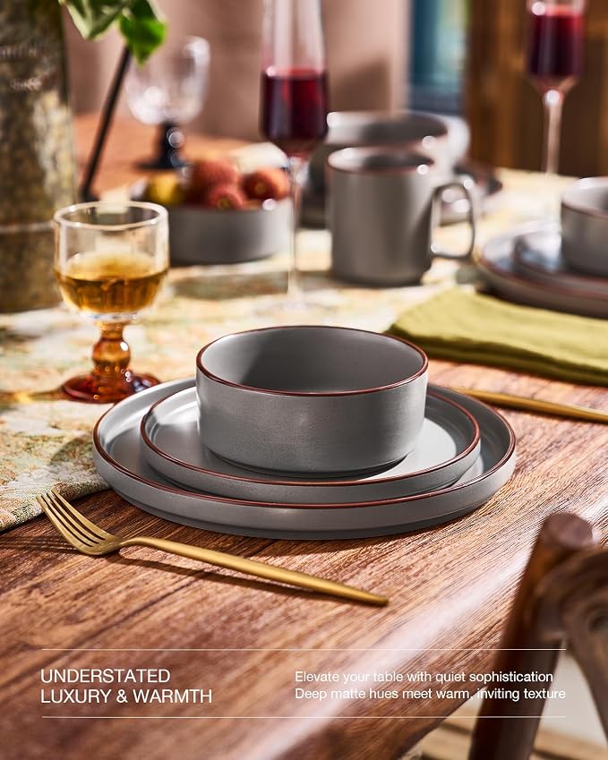 Famiware Nebula Ridge 12-Piece Stoneware Dinnerware Set, Dark Gray | Plates and Bowls for 4, Warm Hand-Painted Rims, Microwave and Dishwasher Safe, Daily Essentials