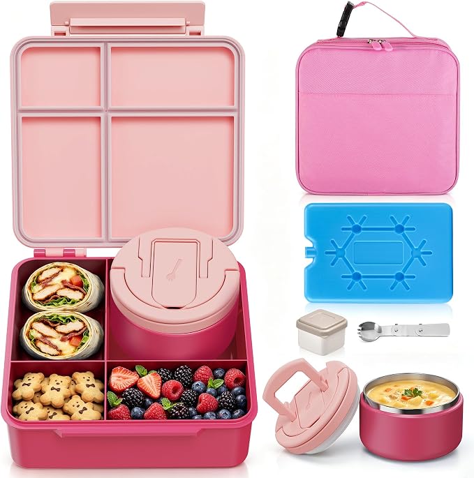 Bento Lunch Box Set with 8 oz Soup Thermo, Kids Leakproof 4 Compartments Hot Food Container with Sauce Cup, Ice Pack and Lunch Bag, Child Insulated Food Jar for School - Pink