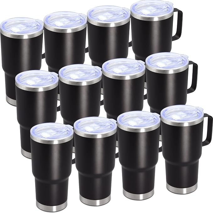 20 oz Tumbler with Handle Coffee Tumblers with Lid Travel Mug Black 12P | 20oz Tumblers with Handle Double-Wall Insulated Vacuum Coffee Mugs Stainless Steel Tumbler with Handles&Lid Black 12P