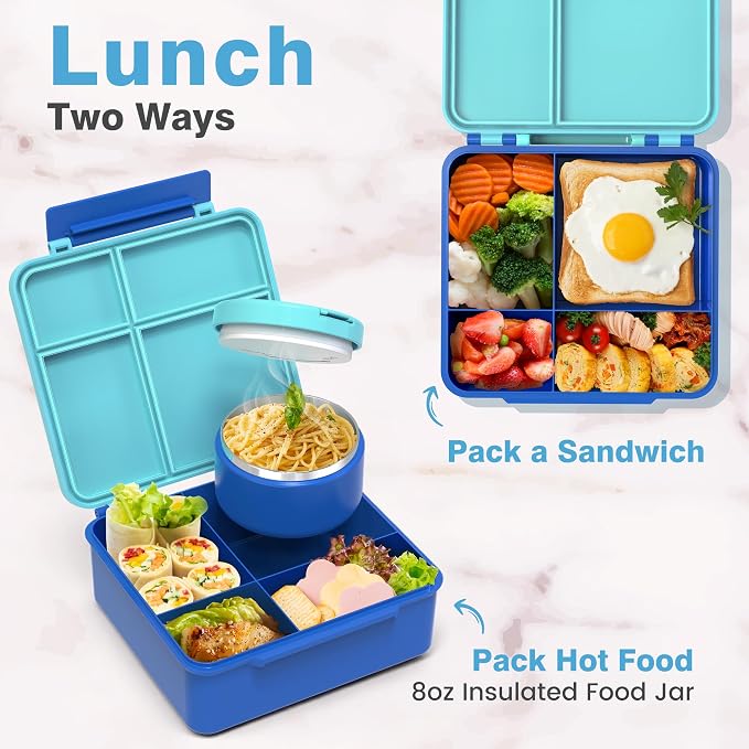 HOMEKOL Bento Lunch Box Set for Kids, Blue | with Stainless Steel Insulated Food Jar, Plastic Water Bottle, Bag and Silicone Spoon and Fork for Boys Girls