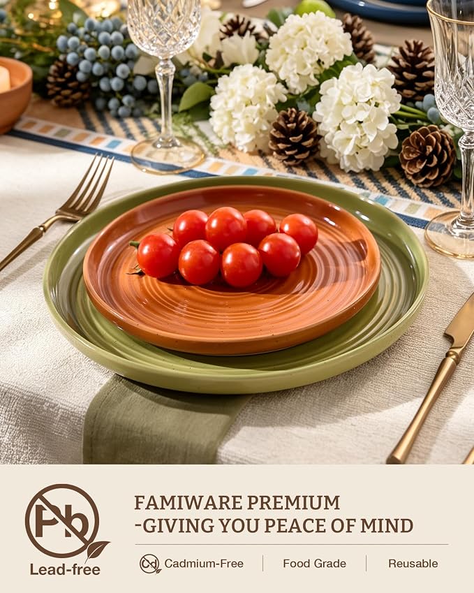 Dinnerware Set for 8, Ceramic Plates and Bowls, Multicolor | 24-Piece Ceramic Speckled Spiral Dishes, Chip & Scratch Resistant, Microwave & Dishwasher Safe, Everyday Use, Farmhouse Style