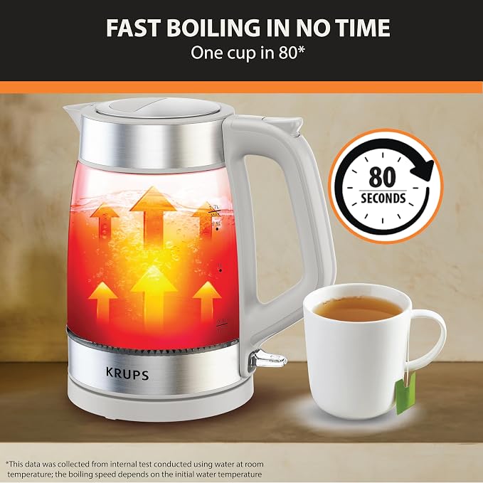 KRUPS Electric Kettle, 1.8-Qt (1.7L) Tea Kettle, 1500W with LED indicator, Hot Water Boiler, Auto Shut-off, Rapid 80-Second Cup Boiling, Safe Boil-dry Protection, Water Heater, Glass Carafe, Grey